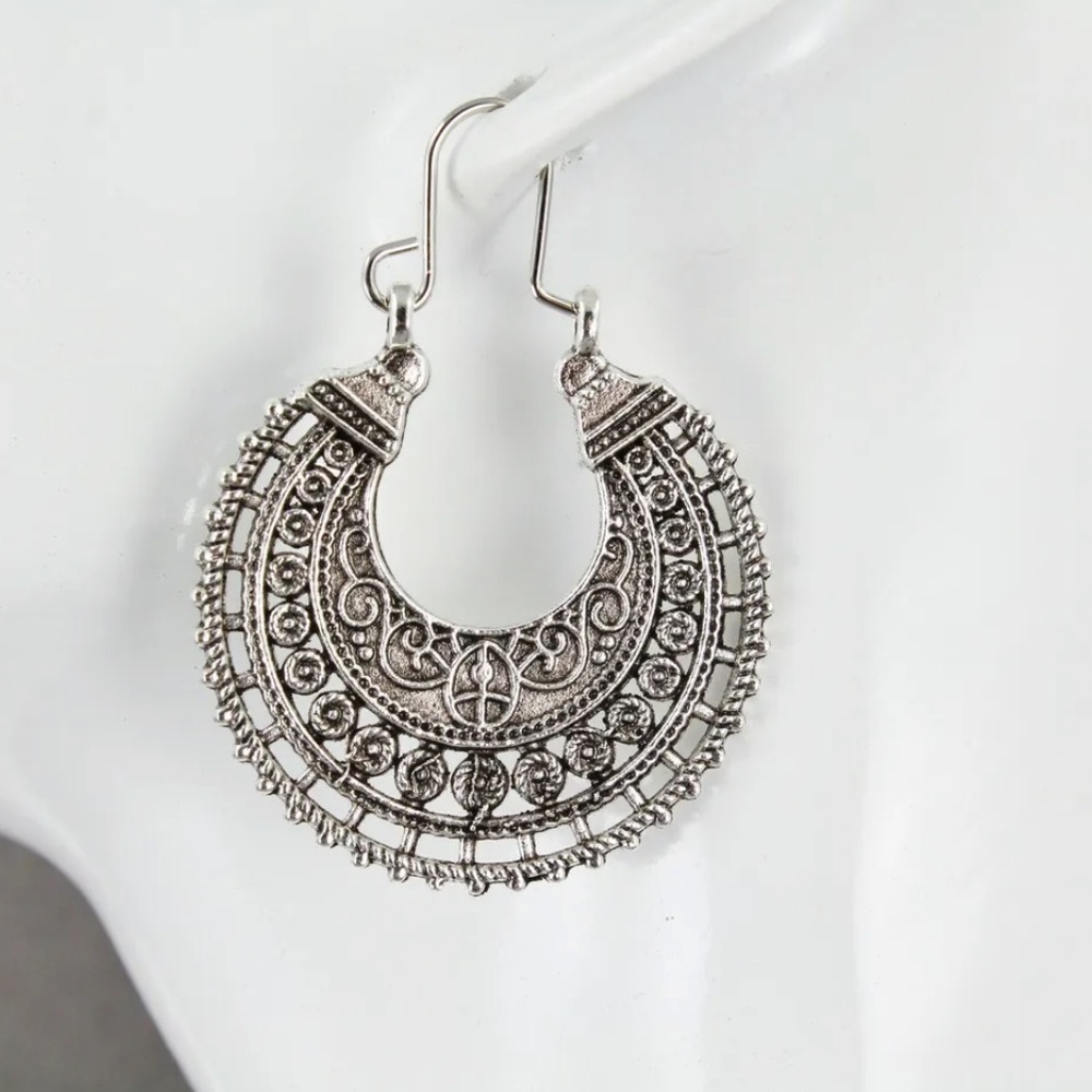 New Wildflower Wander Mandala Antique Sterling Silver Hollow Out Hoop Earrings - Picture 8 of 16